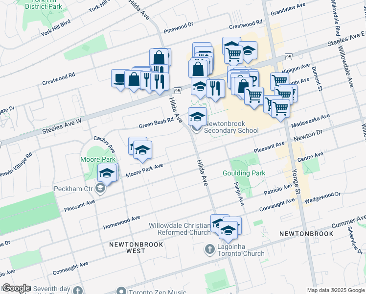 map of restaurants, bars, coffee shops, grocery stores, and more near 9 Crossen Drive in Toronto