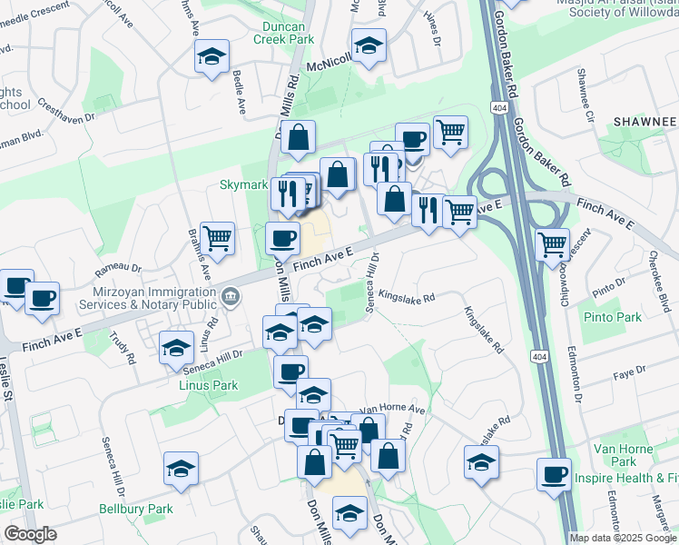 map of restaurants, bars, coffee shops, grocery stores, and more near 1555 Finch Avenue East in Toronto