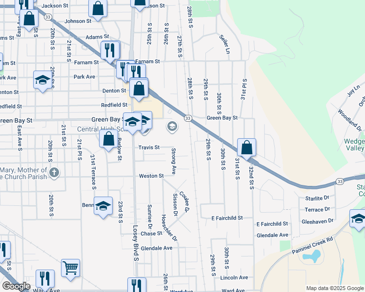map of restaurants, bars, coffee shops, grocery stores, and more near 1801 Losey Boulevard South in La Crosse