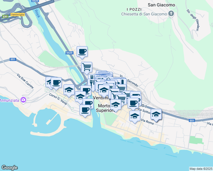 map of restaurants, bars, coffee shops, grocery stores, and more near 35 Via Camillo Benso Conte di Cavour in Ventimiglia