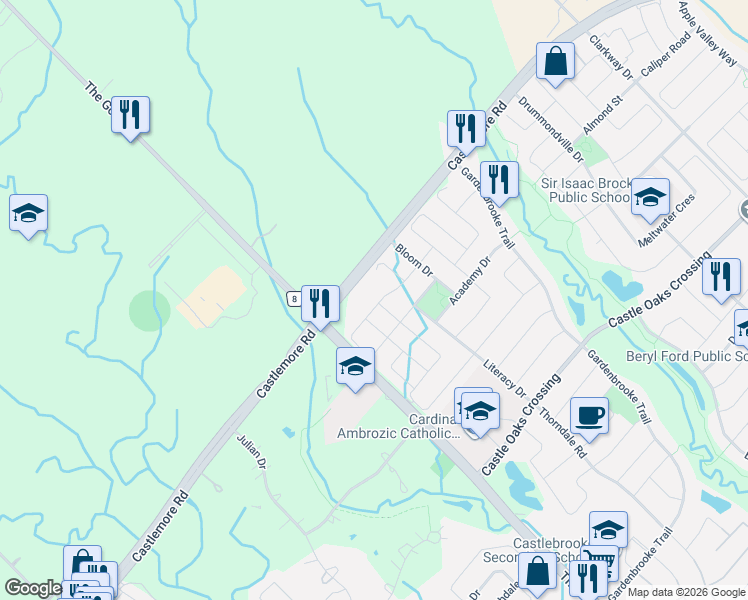 map of restaurants, bars, coffee shops, grocery stores, and more near 80 Sleightholme Crescent in Brampton
