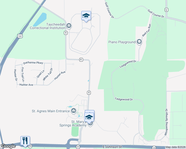 map of restaurants, bars, coffee shops, grocery stores, and more near 511 County Road K in Fond du Lac