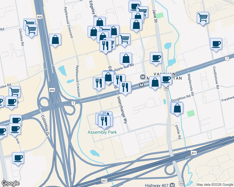 map of restaurants, bars, coffee shops, grocery stores, and more near 8 Interchange Way in Vaughan
