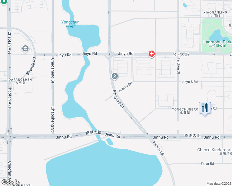 map of restaurants, bars, coffee shops, grocery stores, and more near Fang Cao Jie in Chang Chun Shi