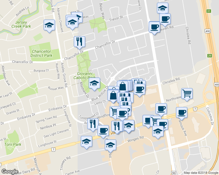 map of restaurants, bars, coffee shops, grocery stores, and more near 215 Blue Willow Drive in Vaughan
