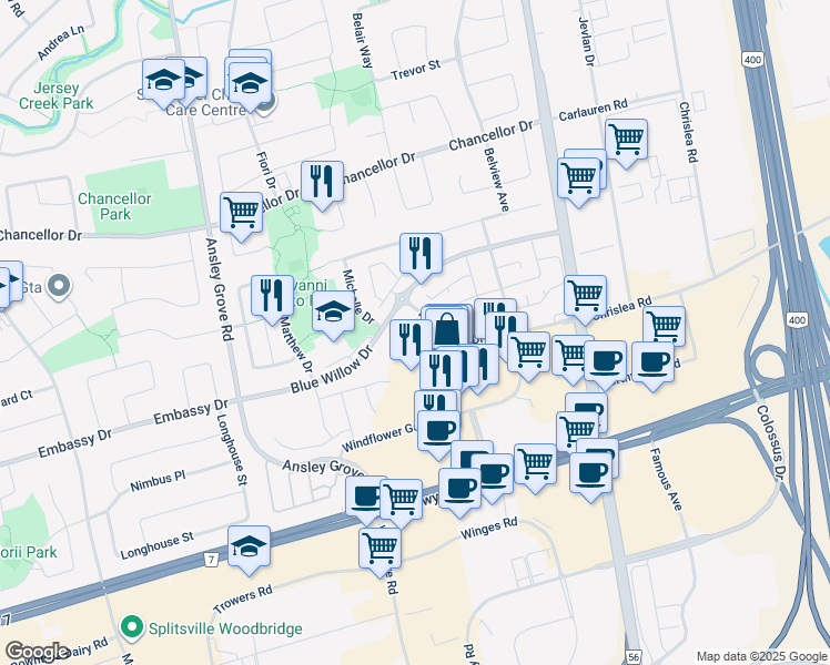 map of restaurants, bars, coffee shops, grocery stores, and more near in Vaughan