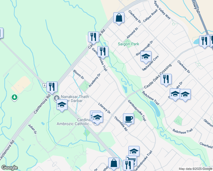 map of restaurants, bars, coffee shops, grocery stores, and more near 38 Bliss Street in Brampton