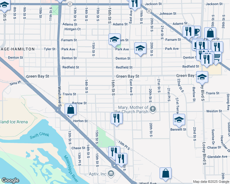map of restaurants, bars, coffee shops, grocery stores, and more near 1617 Travis Street in La Crosse