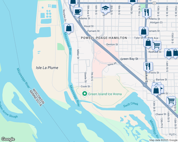 map of restaurants, bars, coffee shops, grocery stores, and more near 2006 7th Street South in La Crosse