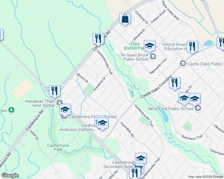 map of restaurants, bars, coffee shops, grocery stores, and more near 38 Bliss Street in Brampton