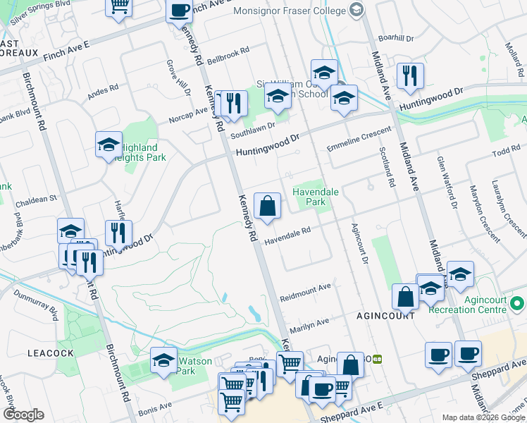 map of restaurants, bars, coffee shops, grocery stores, and more near 14 Farmington Crescent in Toronto