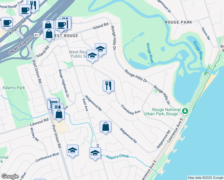 map of restaurants, bars, coffee shops, grocery stores, and more near in Toronto