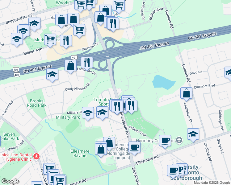 map of restaurants, bars, coffee shops, grocery stores, and more near Morningside Avenue in Toronto