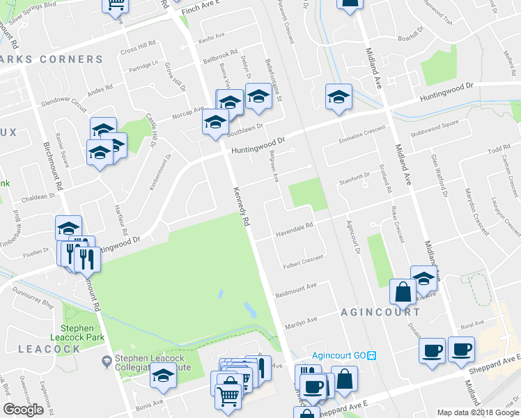 map of restaurants, bars, coffee shops, grocery stores, and more near 14 Farmington Crescent in Toronto