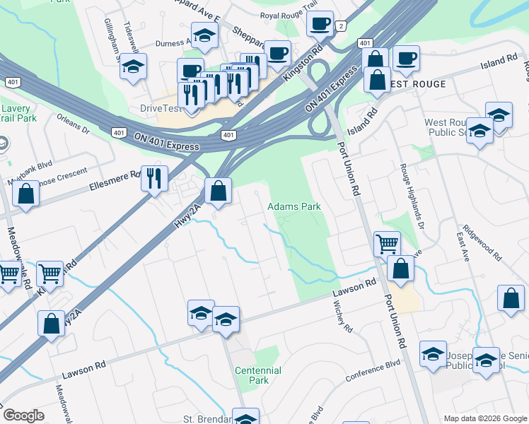 map of restaurants, bars, coffee shops, grocery stores, and more near 30 Linderwood Drive in Toronto