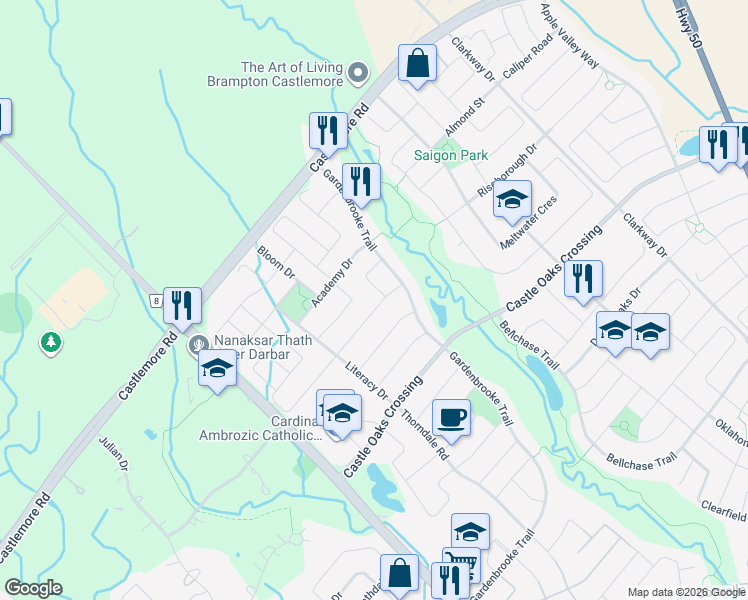 map of restaurants, bars, coffee shops, grocery stores, and more near 38 Bliss Street in Brampton