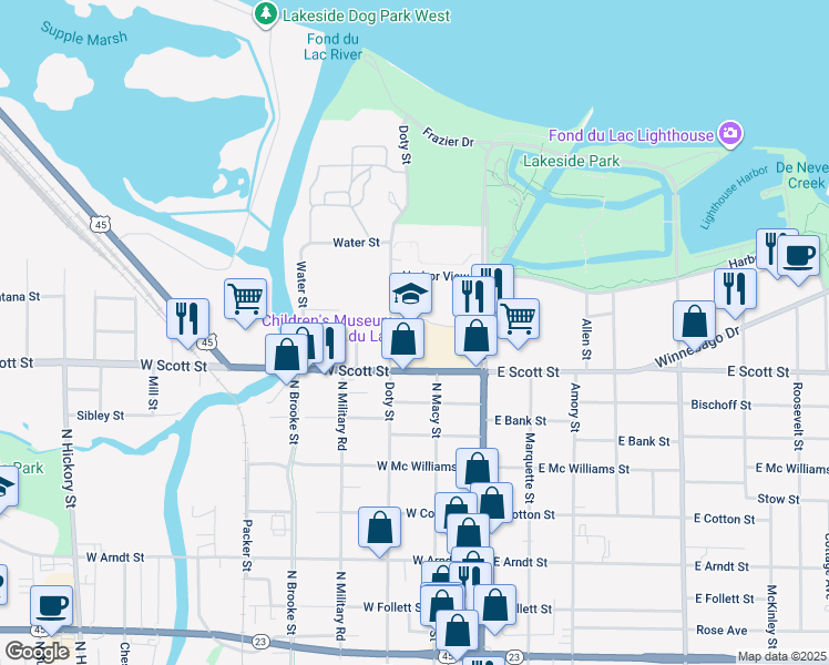 map of restaurants, bars, coffee shops, grocery stores, and more near 65 West Scott Street in Fond du Lac