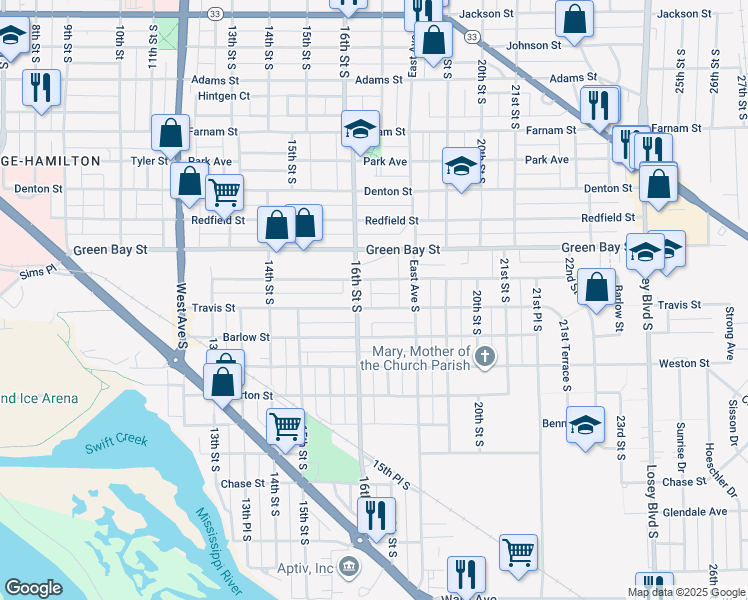 map of restaurants, bars, coffee shops, grocery stores, and more near 1617 Travis St in La Crosse