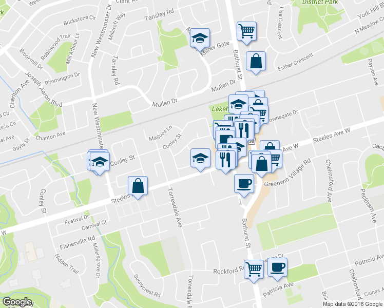 map of restaurants, bars, coffee shops, grocery stores, and more near 108 Whitney Place in Vaughan