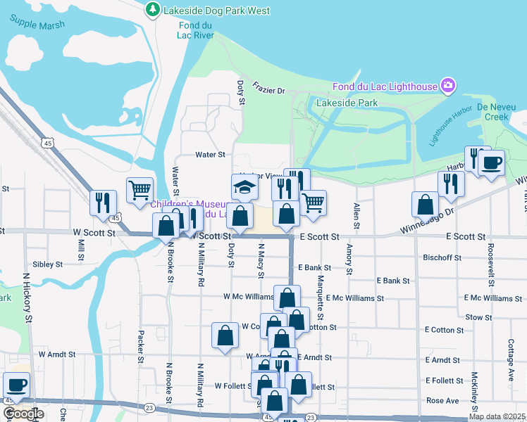 map of restaurants, bars, coffee shops, grocery stores, and more near 65 West Scott Street in Fond du Lac
