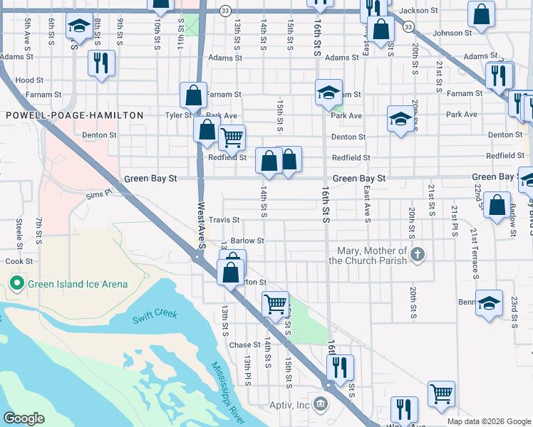 map of restaurants, bars, coffee shops, grocery stores, and more near 1401 Travis Street in La Crosse