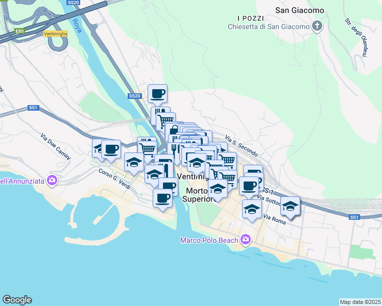 map of restaurants, bars, coffee shops, grocery stores, and more near 21e Via Aprosio in Ventimiglia