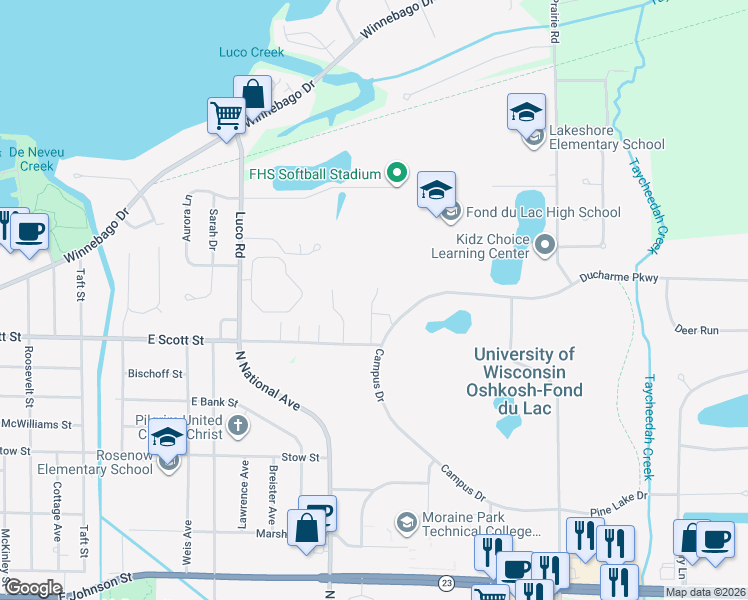 map of restaurants, bars, coffee shops, grocery stores, and more near 737 East Scott Street in Fond du Lac