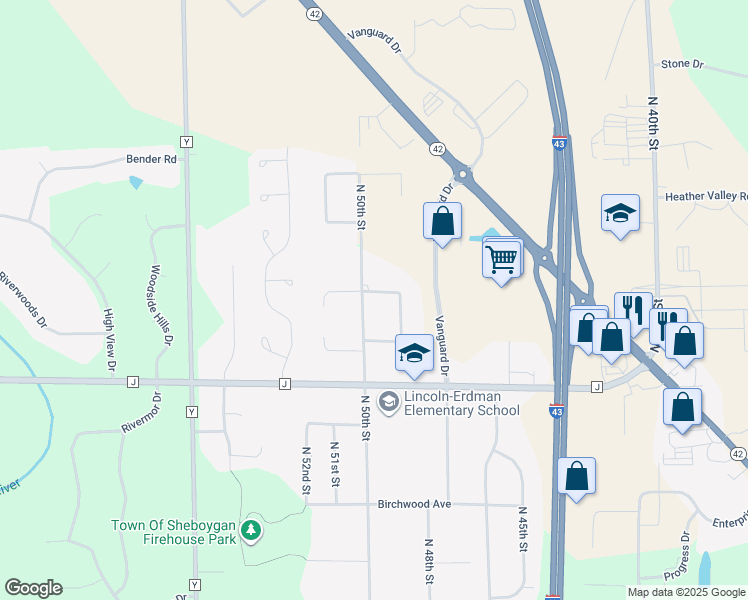map of restaurants, bars, coffee shops, grocery stores, and more near 4925 North Park Ridge Lane in Sheboygan