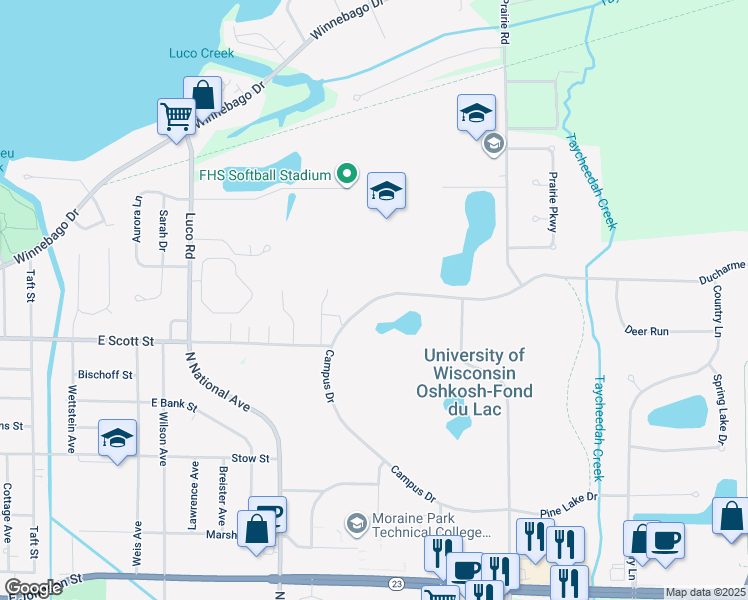map of restaurants, bars, coffee shops, grocery stores, and more near 449 Campus Drive in Fond du Lac