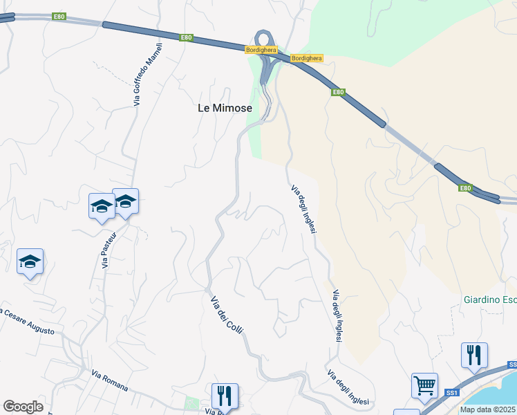 map of restaurants, bars, coffee shops, grocery stores, and more near 14 Via Iride in Bordighera