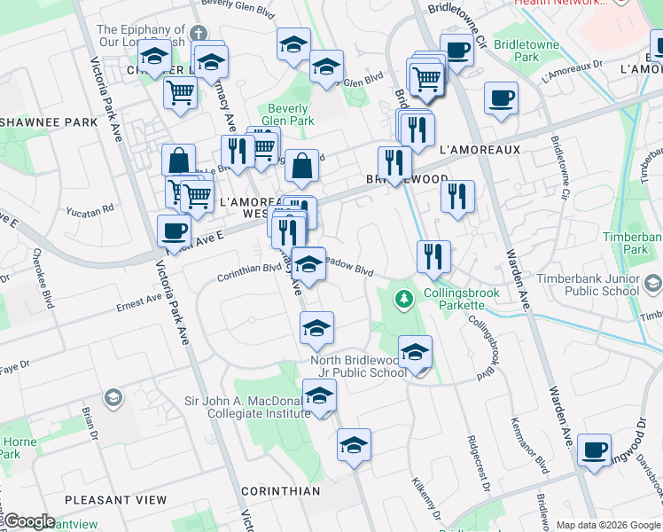 map of restaurants, bars, coffee shops, grocery stores, and more near 37 Pinemeadow Boulevard in Toronto