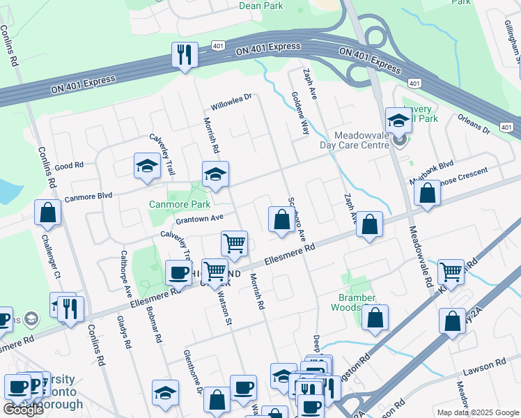 map of restaurants, bars, coffee shops, grocery stores, and more near in Toronto