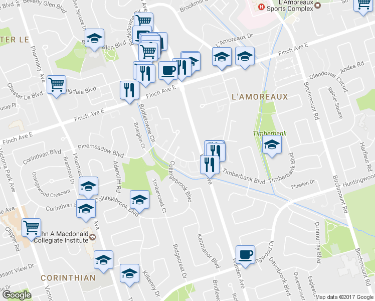 map of restaurants, bars, coffee shops, grocery stores, and more near 268 Bridletowne Circle in Toronto