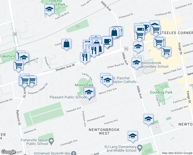 map of restaurants, bars, coffee shops, grocery stores, and more near 127 Cactus Avenue in Toronto