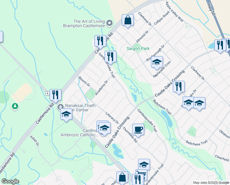 map of restaurants, bars, coffee shops, grocery stores, and more near 38 Bliss Street in Brampton