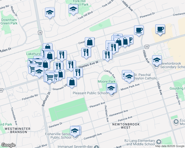 map of restaurants, bars, coffee shops, grocery stores, and more near 23 Greenwin Village Road in Toronto