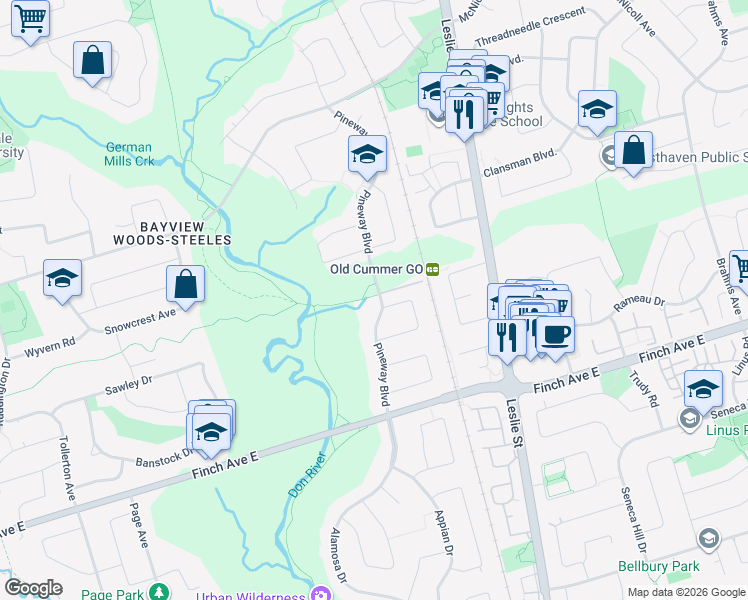 map of restaurants, bars, coffee shops, grocery stores, and more near 44 Pineway Boulevard in Toronto