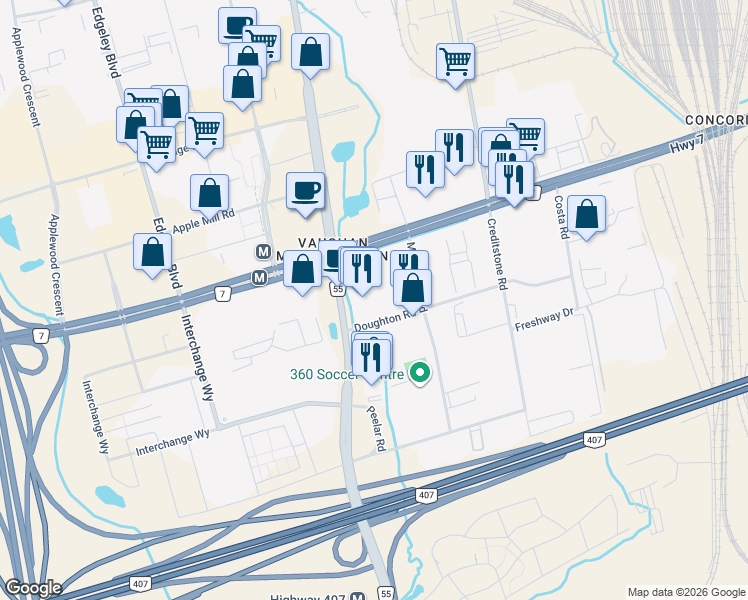 map of restaurants, bars, coffee shops, grocery stores, and more near 220 Doughton Road in Vaughan