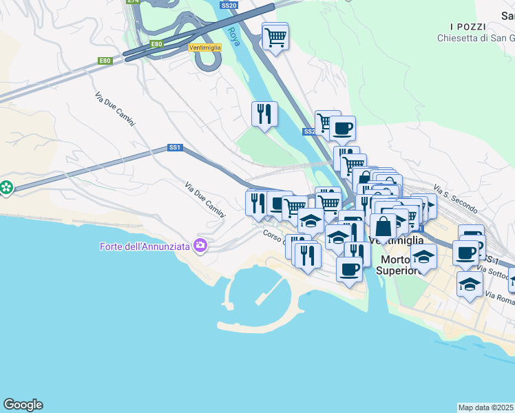 map of restaurants, bars, coffee shops, grocery stores, and more near 18 Vico Saonese in Ventimiglia