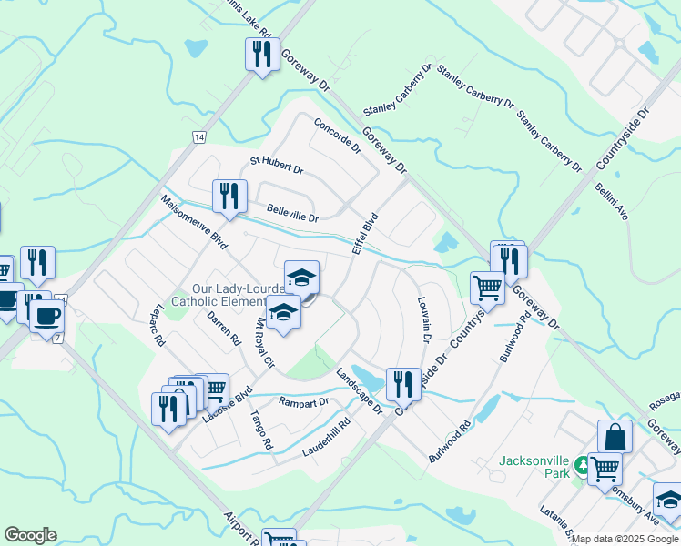 map of restaurants, bars, coffee shops, grocery stores, and more near 38 Eiffel Boulevard in Brampton
