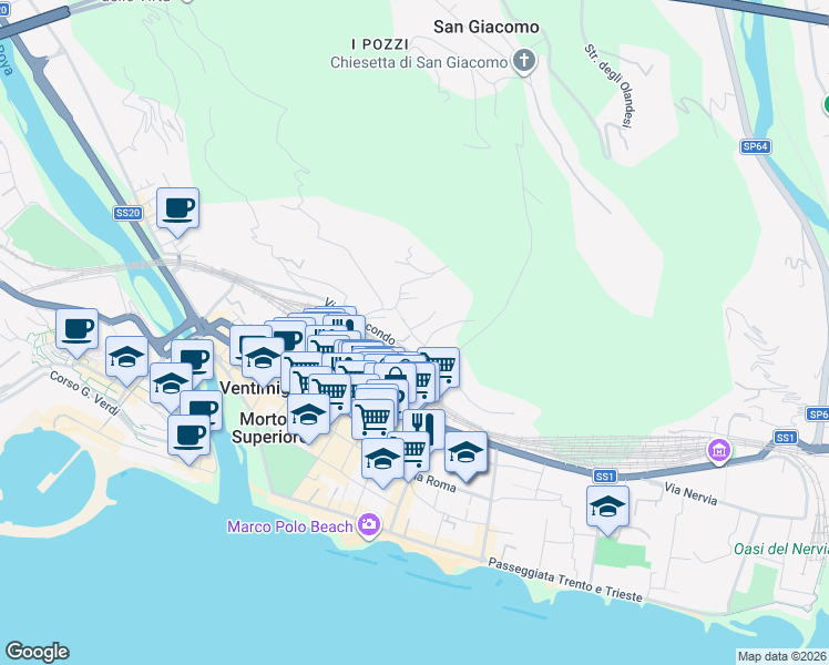 map of restaurants, bars, coffee shops, grocery stores, and more near 2A Via Maule in Ventimiglia