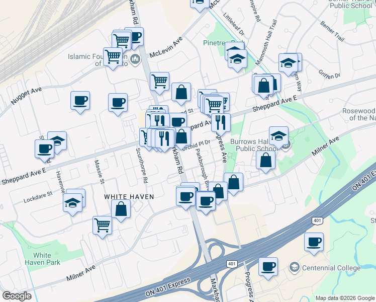 map of restaurants, bars, coffee shops, grocery stores, and more near 6 Rosebank Drive in Toronto