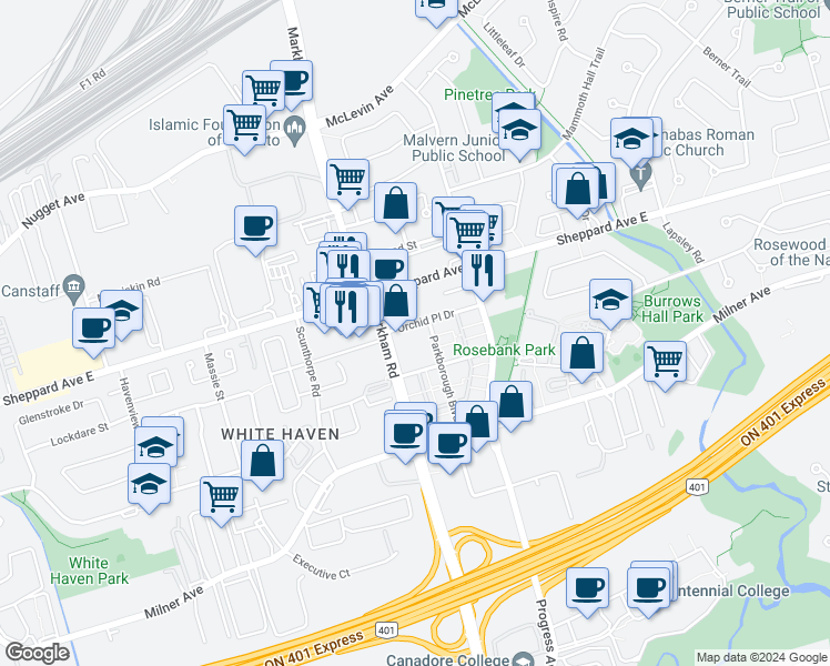 map of restaurants, bars, coffee shops, grocery stores, and more near in Toronto