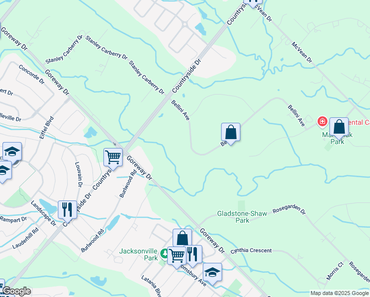 map of restaurants, bars, coffee shops, grocery stores, and more near 36 Bellini Avenue in Brampton
