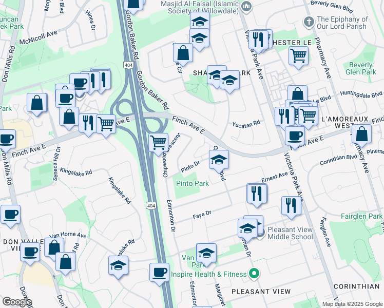 map of restaurants, bars, coffee shops, grocery stores, and more near in Toronto