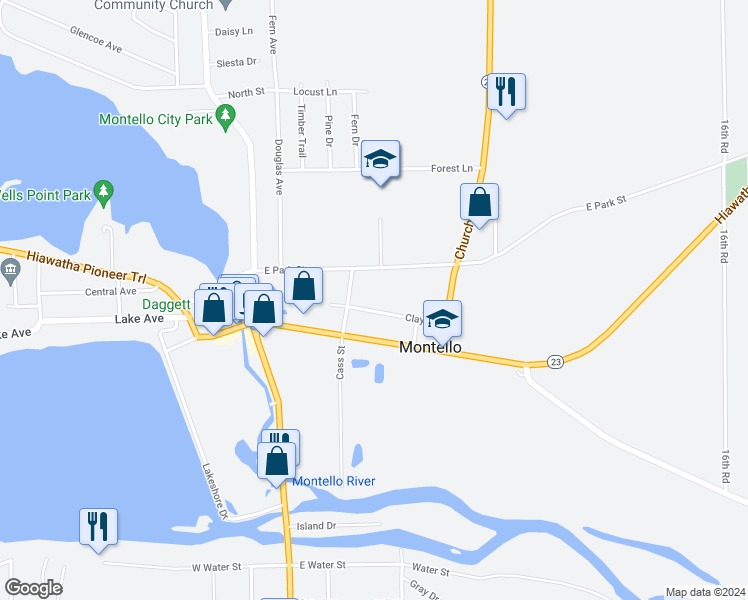map of restaurants, bars, coffee shops, grocery stores, and more near 230 Clay Street in Montello