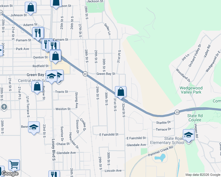 map of restaurants, bars, coffee shops, grocery stores, and more near 1908 30th Street South in La Crosse