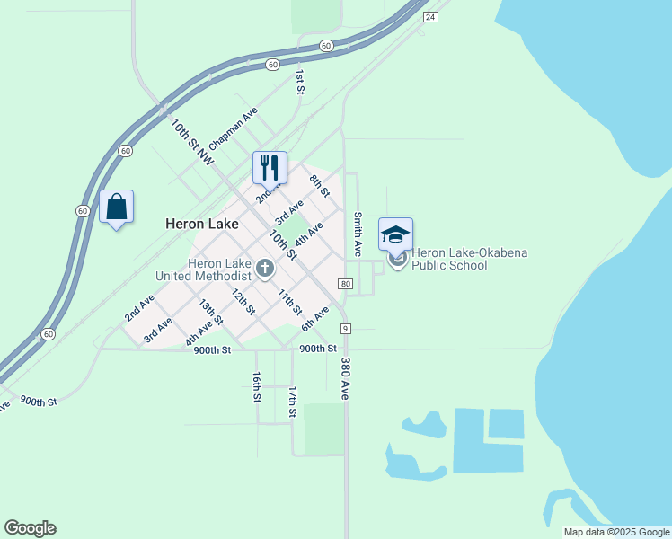map of restaurants, bars, coffee shops, grocery stores, and more near 250 Lakeview Road in Heron Lake