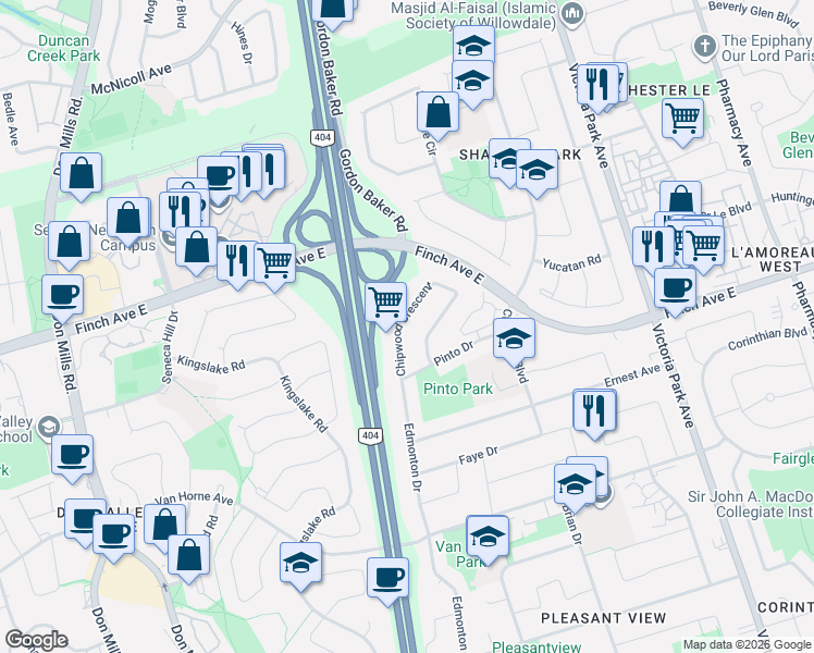 map of restaurants, bars, coffee shops, grocery stores, and more near 35 Chipwood Crescent in Toronto