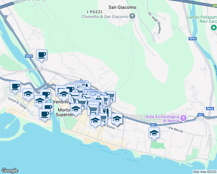 map of restaurants, bars, coffee shops, grocery stores, and more near 2A Via Maule in Ventimiglia